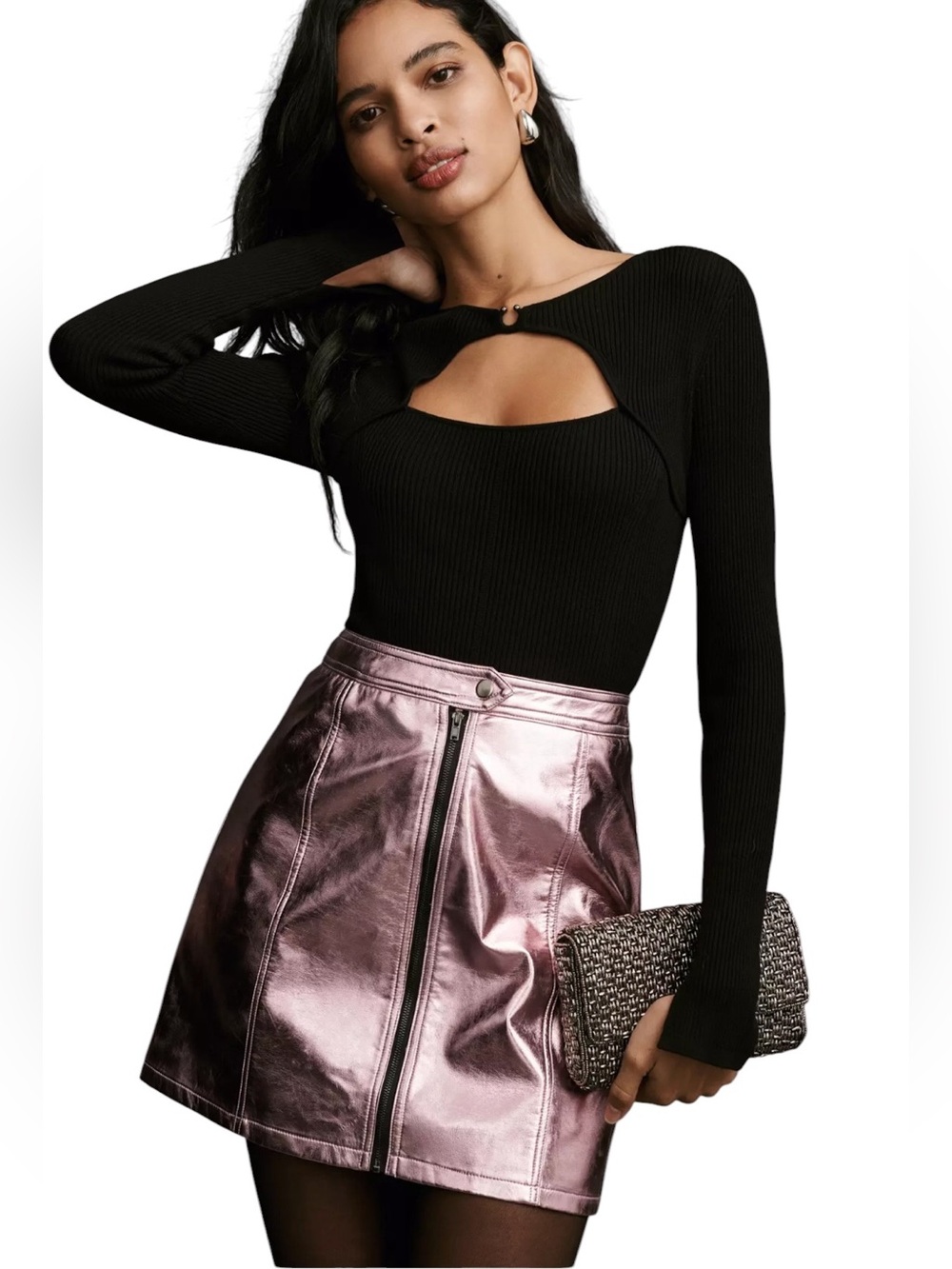 Anthropologie 4S13NNA Metallic Moto Mini Skirt NWT size large Pink Rose